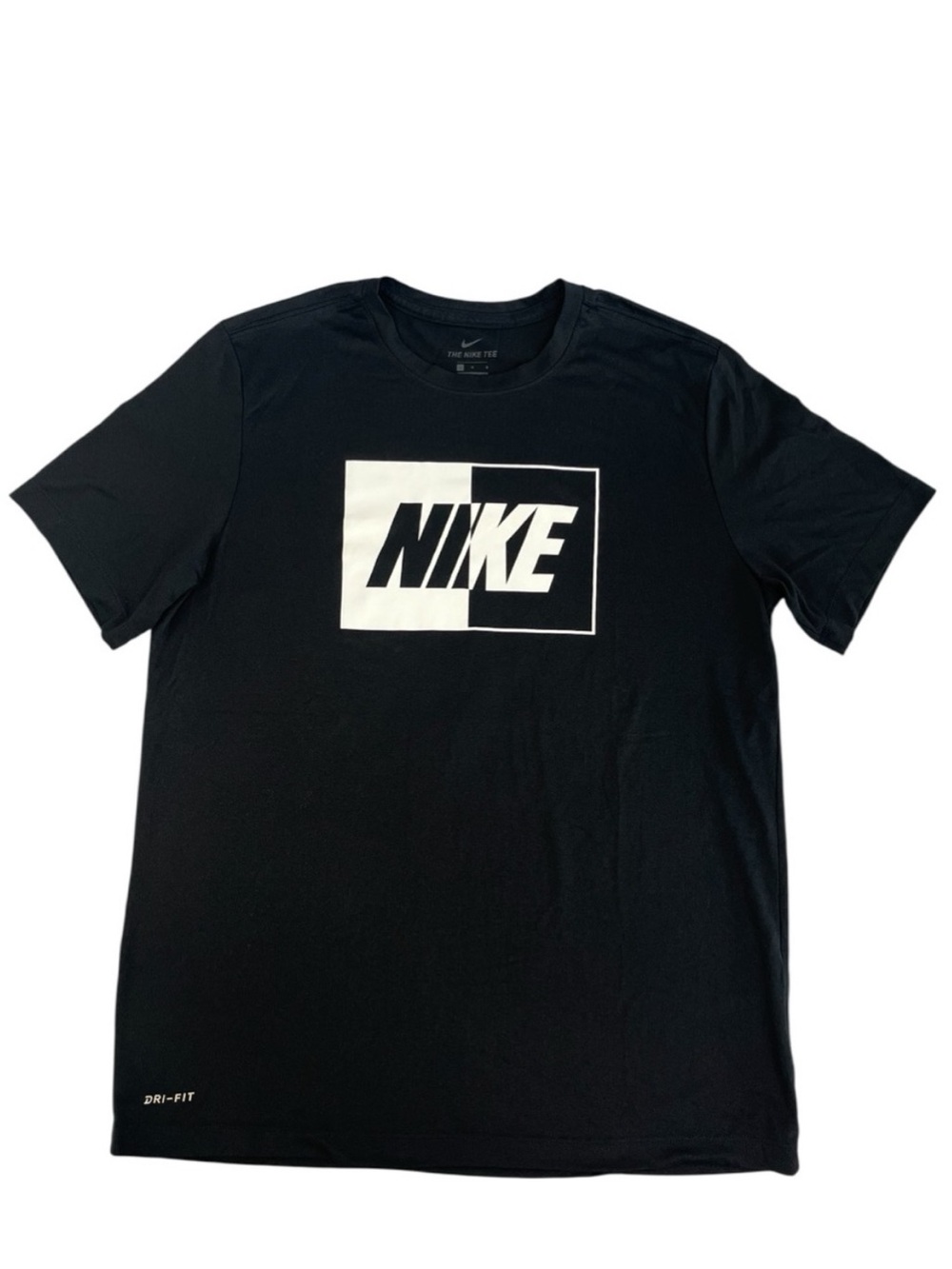 Nike Dri-Fit Split-Box Logo Athletic Shirt Men’s Large Crewneck Black White